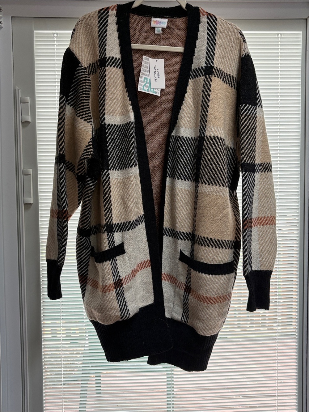 LuLaRoe Peyton 2XL Heathered Tan and Black Open Cardigan